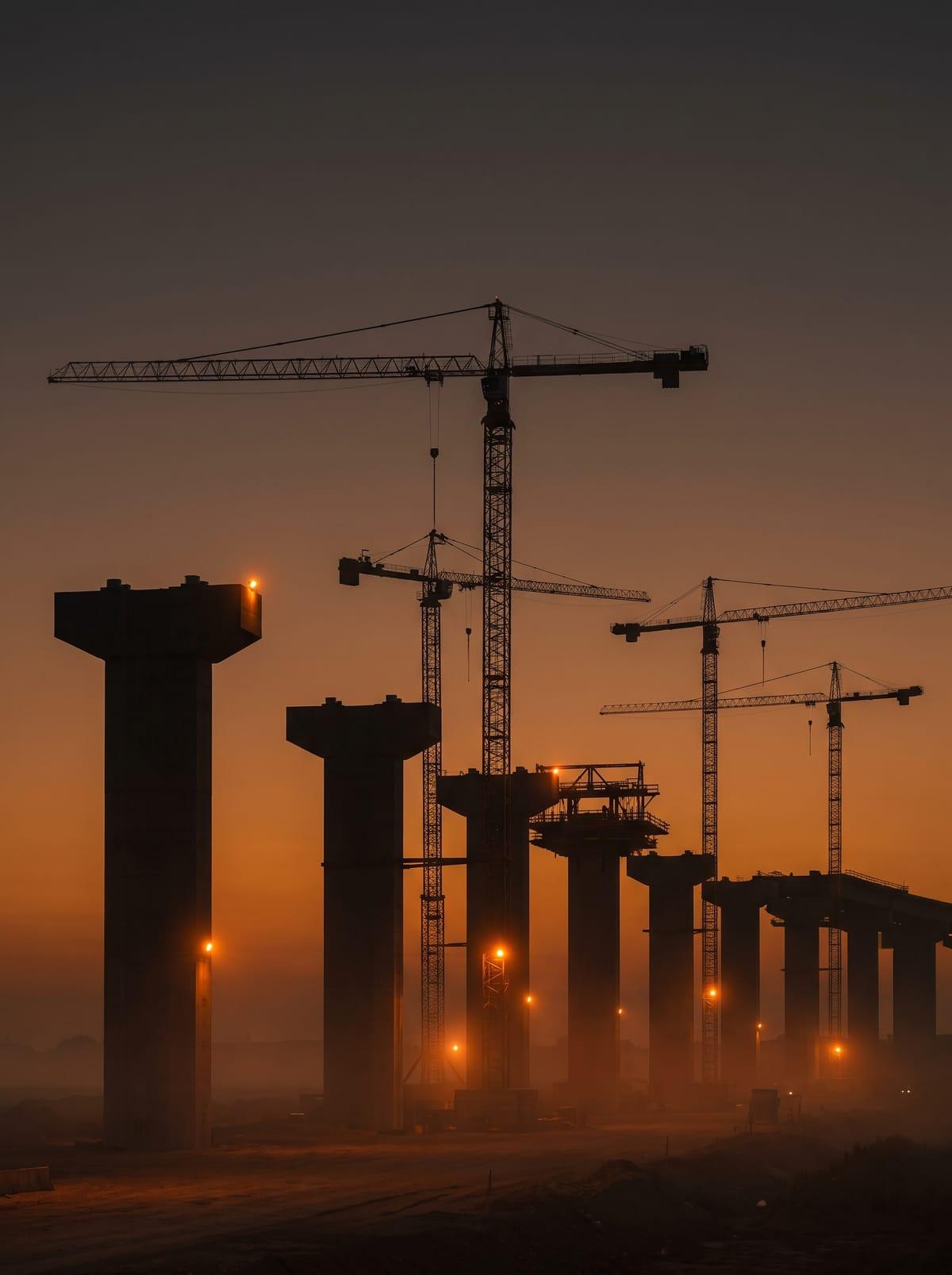Viaduct piers and tower cranes at dusk under amber worklights