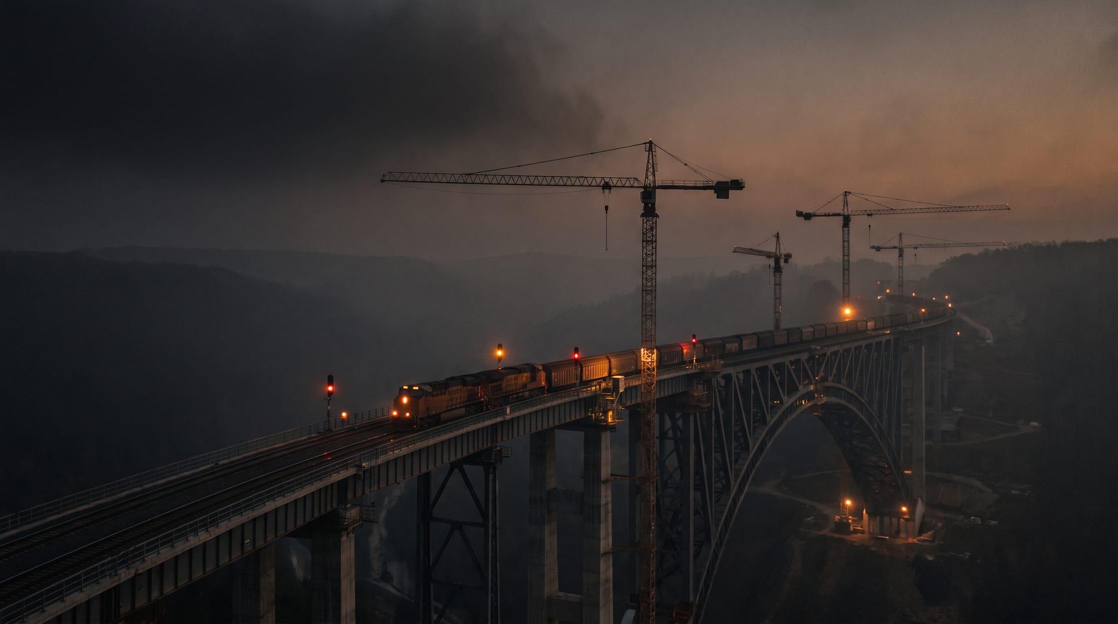 Indian railway viaduct under construction at dusk, a lit train crossing between tower cranes