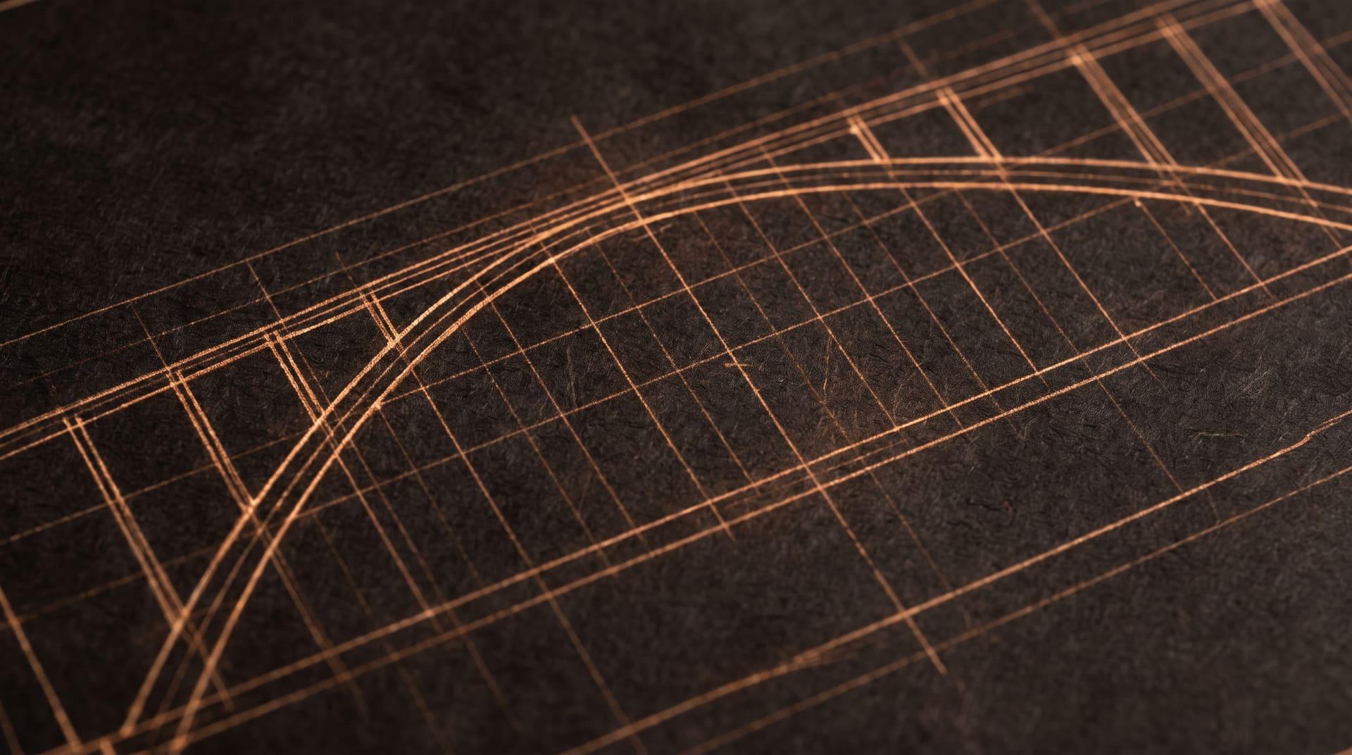 Amber blueprint linework of a bridge cross-section on dark paper