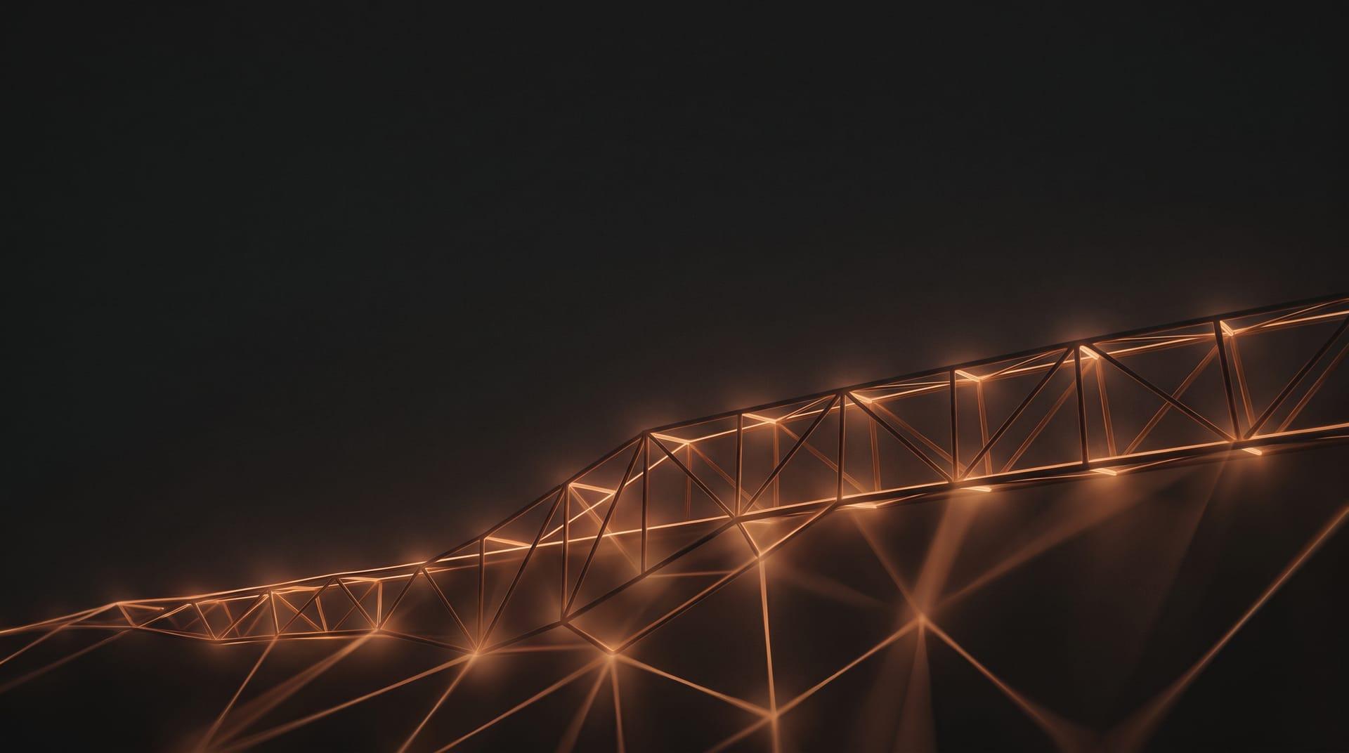 Glowing bridge truss lattice rising through darkness