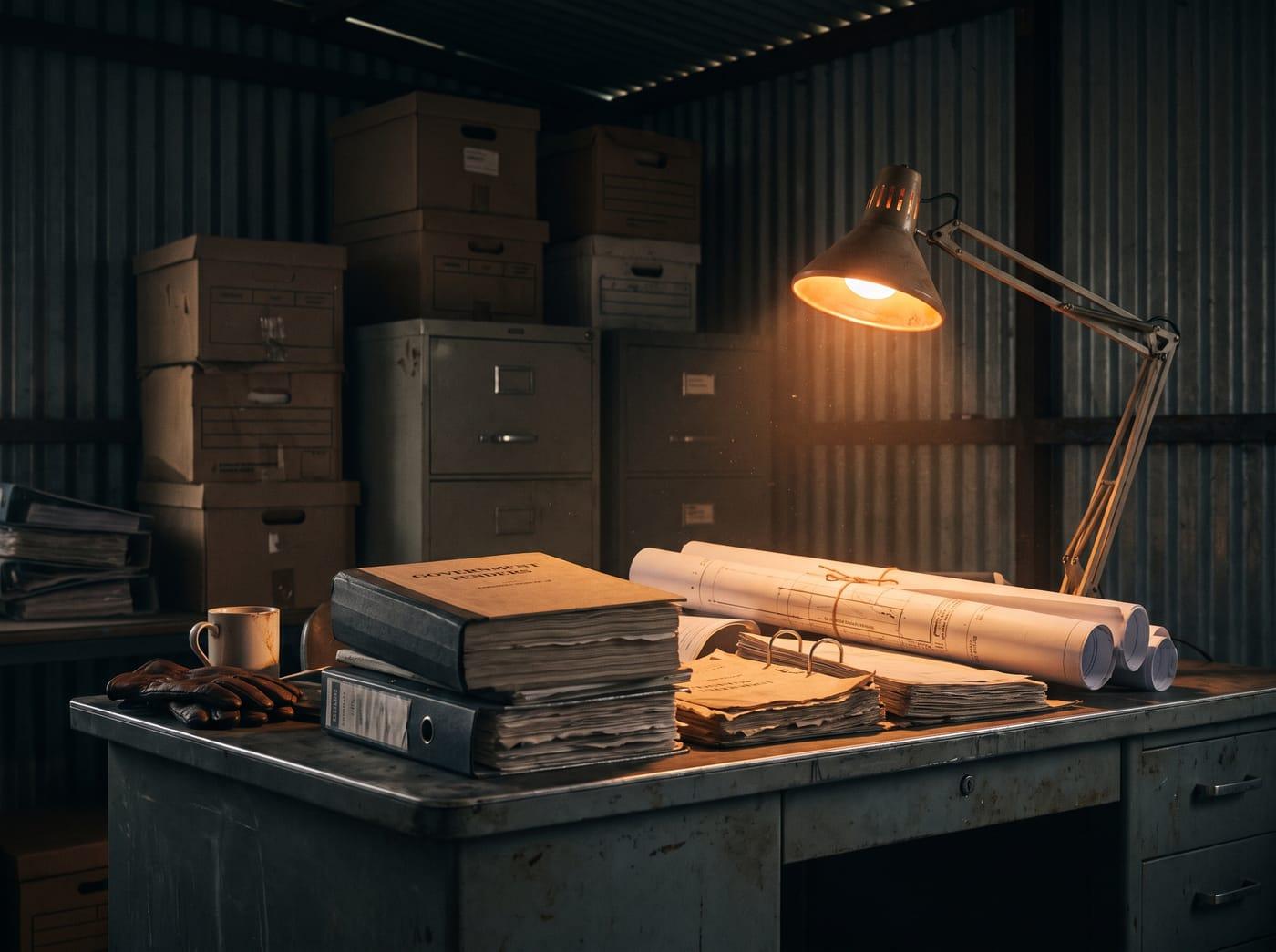Stacks of tender volumes and contract binders under a warm desk lamp