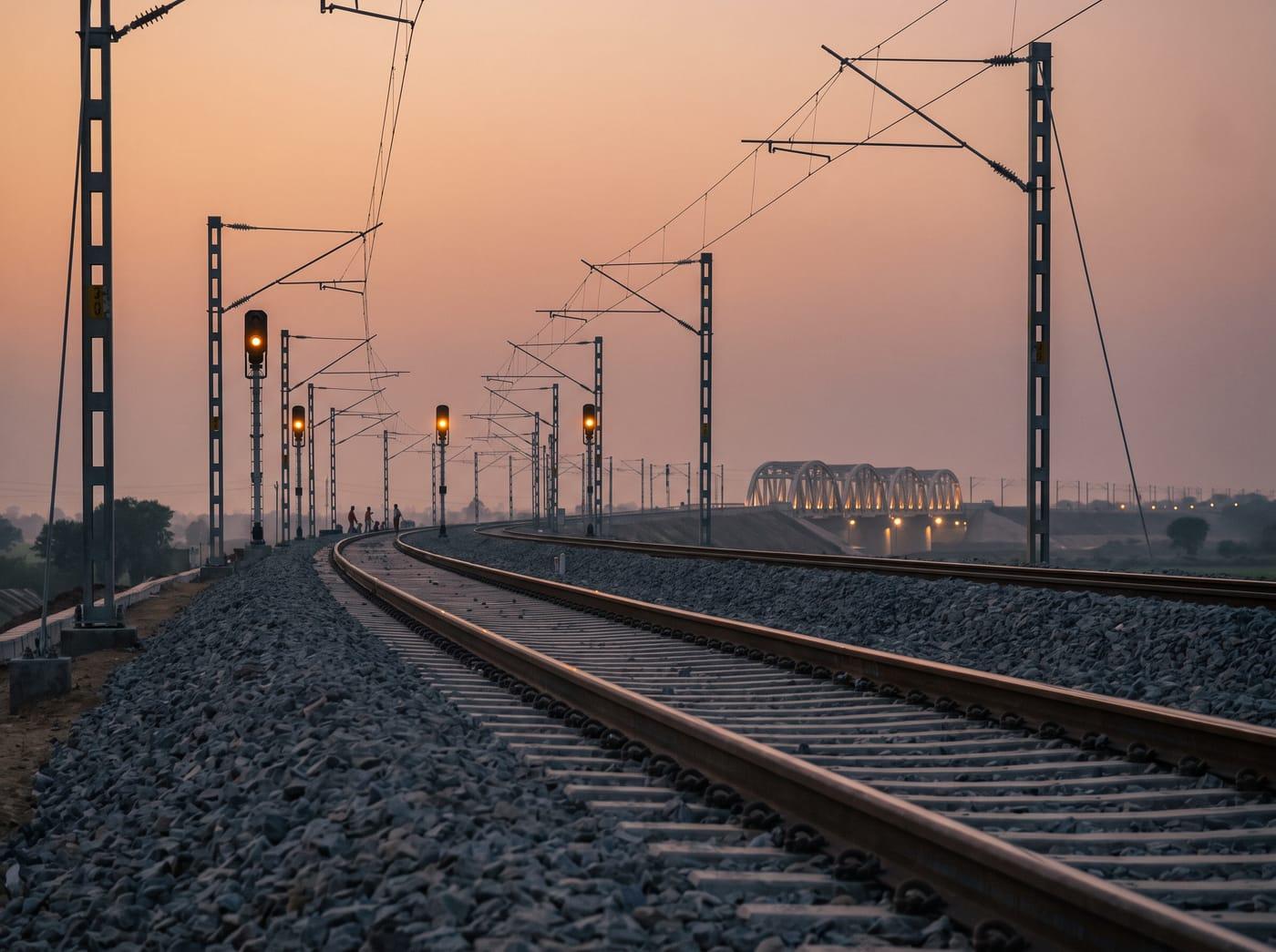 New railway track and overhead masts curving toward a lit viaduct at dusk